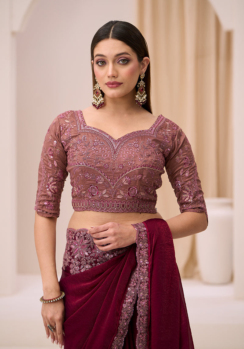 Monjolika Fashion Wine Faux Satin Silk Patch Border and Embroidered Work Saree - Dista