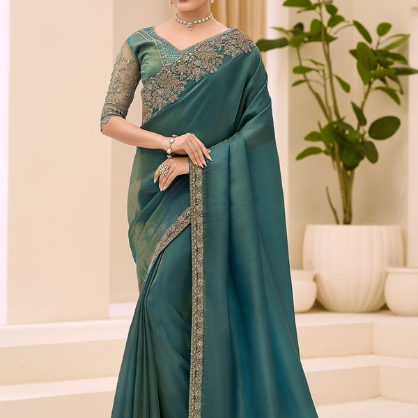 Monjolika Fashion Teal Green Faux Tissue Embroidered Saree - Dista