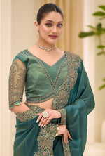 Thumbnail for Monjolika Fashion Teal Green Faux Tissue Embroidered Saree - Dista
