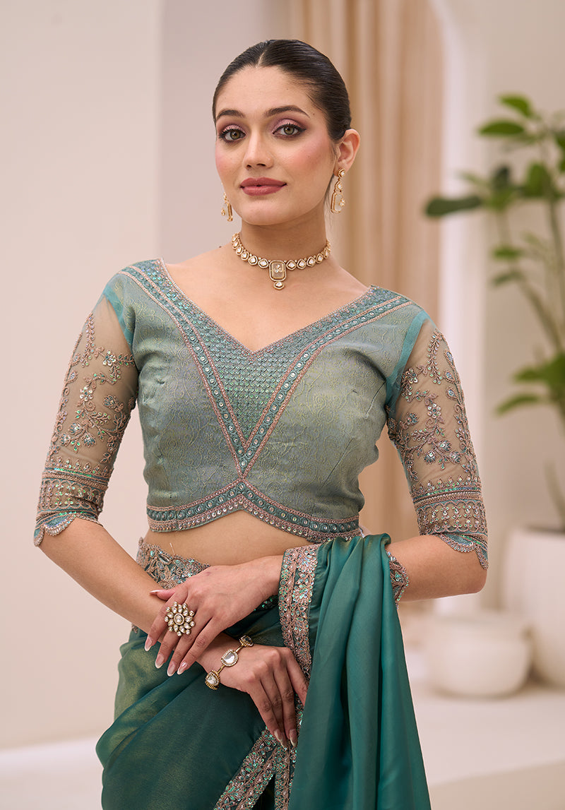 Monjolika Fashion Teal Green Faux Tissue Embroidered Saree - Dista