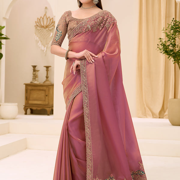 Monjolika Fashion Onion Pink Faux Georgette Embroidered Saree - Dista