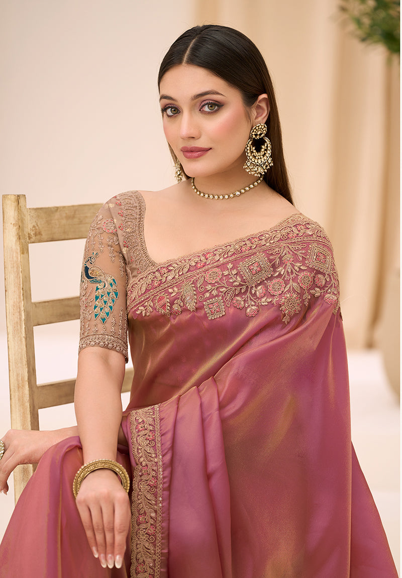Monjolika Fashion Onion Pink Faux Georgette Embroidered Saree - Dista