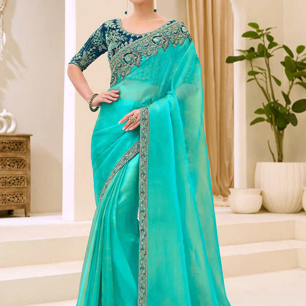 Monjolika Fashion Turquoise Blue Faux Georgette Embroidered Saree - Dista