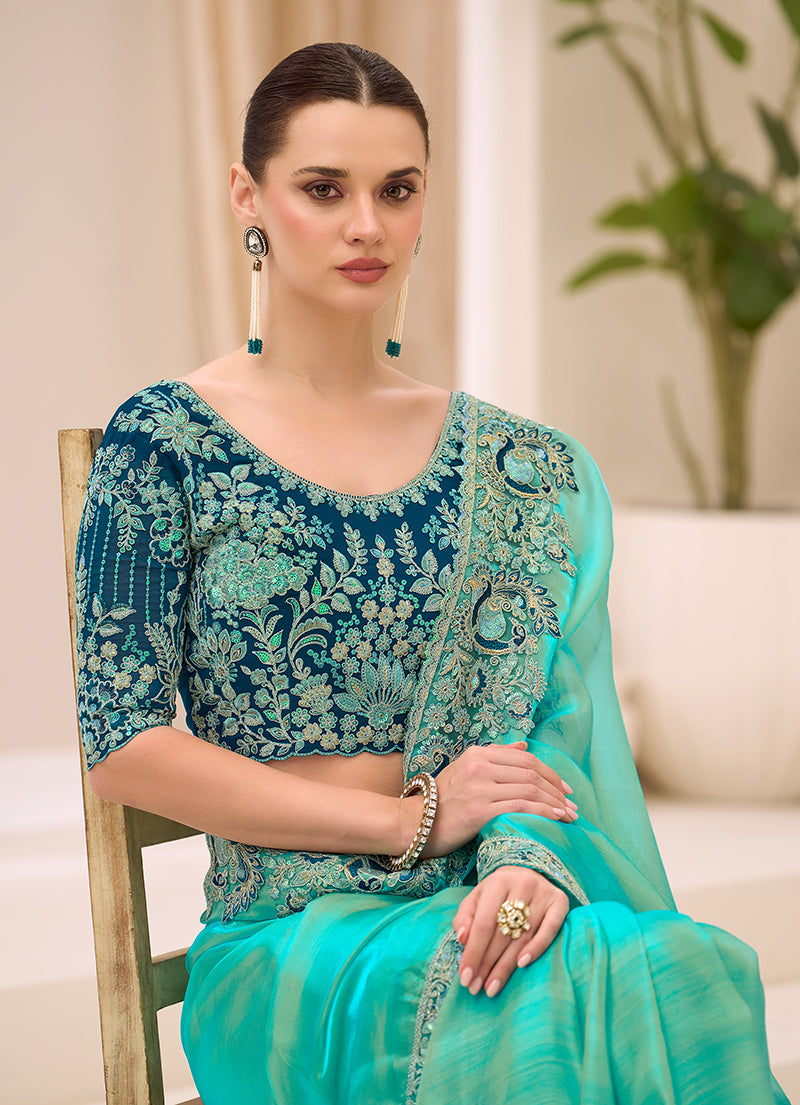 Monjolika Fashion Turquoise Blue Faux Georgette Embroidered Saree - Dista