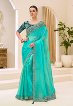 Thumbnail for Monjolika Fashion Turquoise Blue Faux Georgette Embroidered Saree - Dista