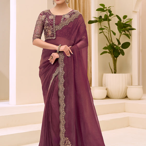 Monjolika Fashion Wine Faux Georgette Embroidered Saree - Dista