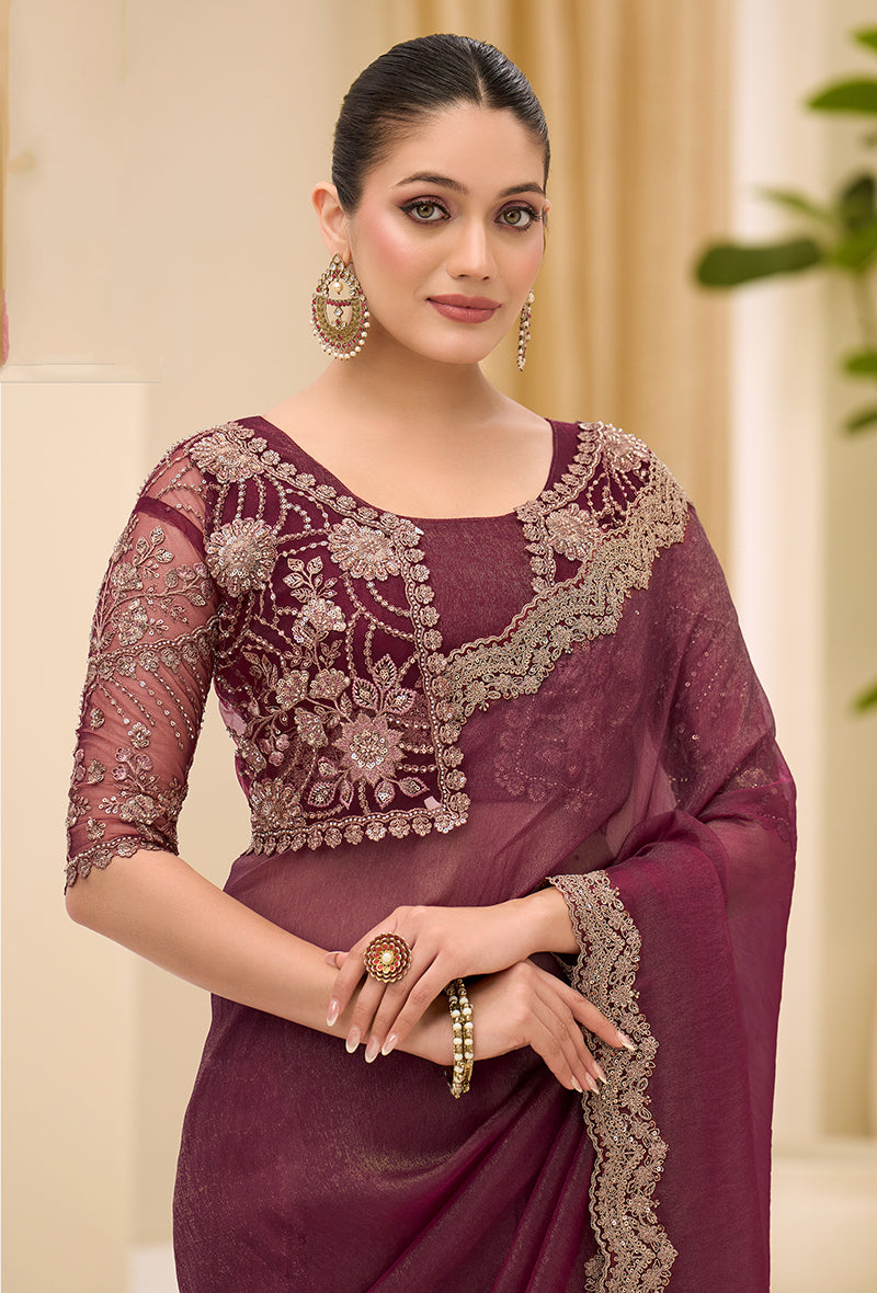 Monjolika Fashion Wine Faux Georgette Embroidered Saree - Dista