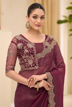 Thumbnail for Monjolika Fashion Wine Faux Georgette Embroidered Saree - Dista