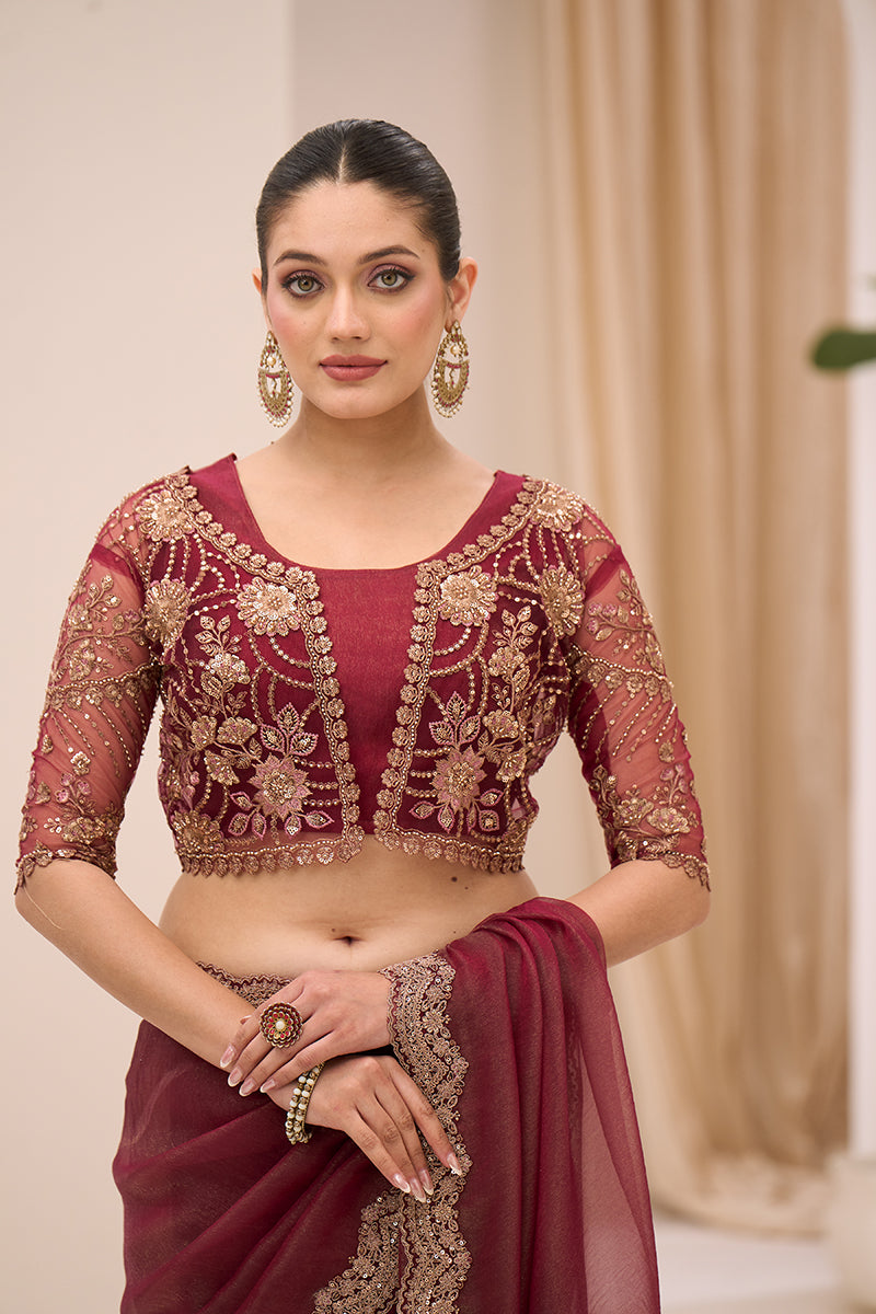 Monjolika Fashion Wine Faux Georgette Embroidered Saree - Dista
