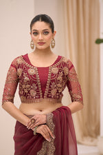 Thumbnail for Monjolika Fashion Wine Faux Georgette Embroidered Saree - Dista