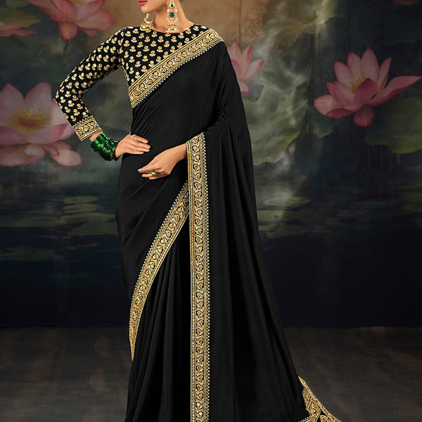 Monjolika Fashion Embroidered Black Silk Blend Traditional Saree - Dista