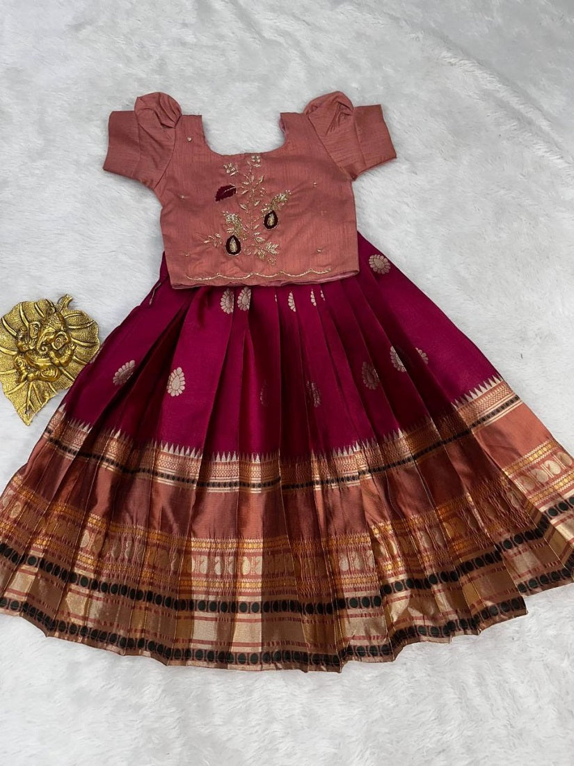 Evanik Peach Kids Silk Zari Weaving Work Lehenga Choli - Dista