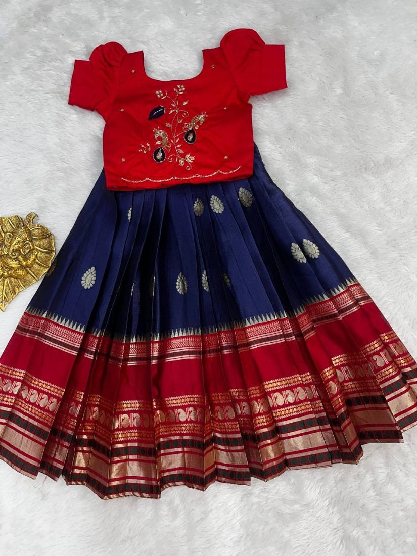 Evanik Red Kids Silk Zari Weaving Work Lehenga Choli - Dista