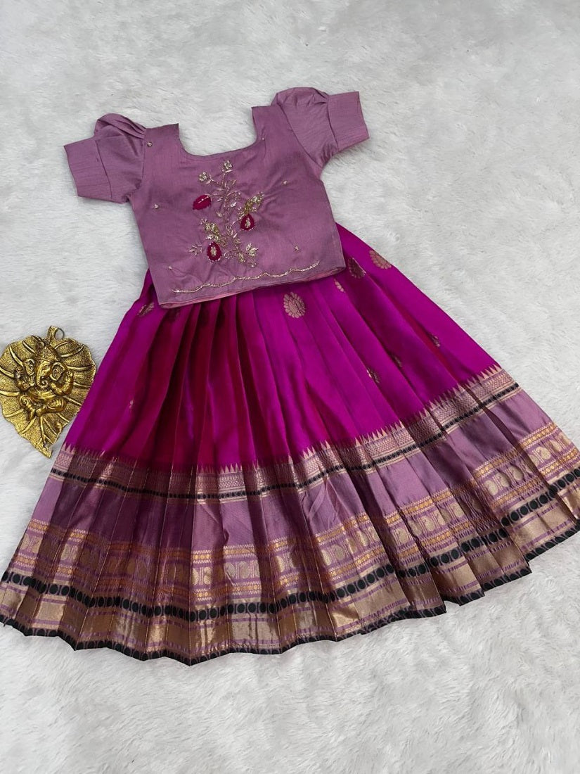 Evanik Purple Kids Silk Zari Weaving Work Lehenga Choli - Dista