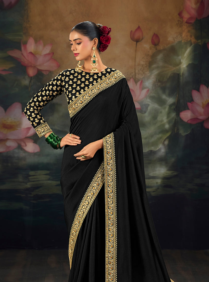 Monjolika Fashion Embroidered Black Silk Blend Traditional Saree - Dista
