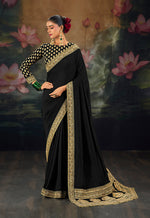 Thumbnail for Monjolika Fashion Embroidered Black Silk Blend Traditional Saree - Dista