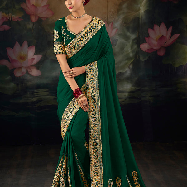 Monjolika Fashion Embroidered Green Silk Blend Traditional Saree - Dista