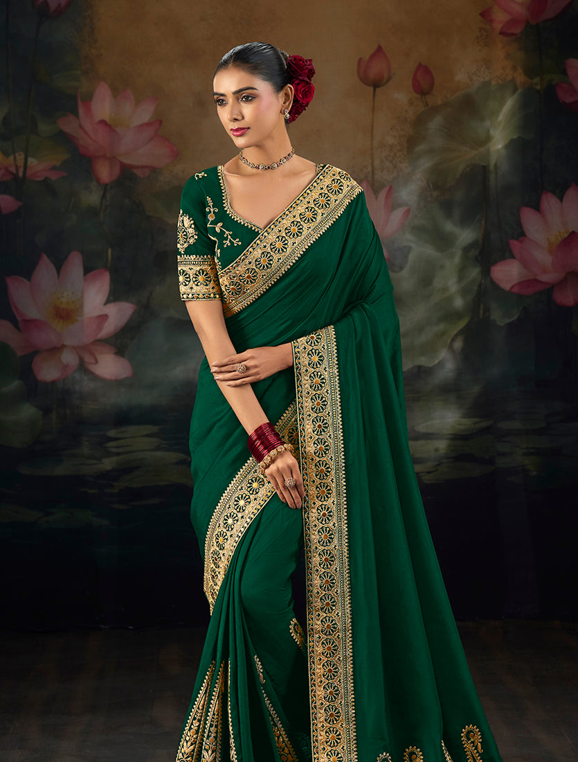Monjolika Fashion Embroidered Green Silk Blend Traditional Saree - Dista