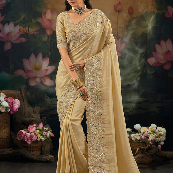 Monjolika Fashion Kanjivaram Silk Blend Beige Traditional Saree - Dista