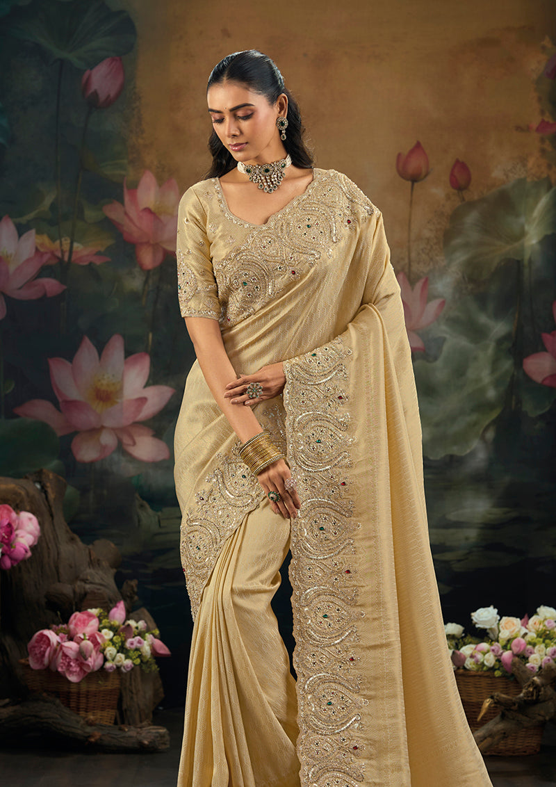 Monjolika Fashion Kanjivaram Silk Blend Beige Traditional Saree - Dista