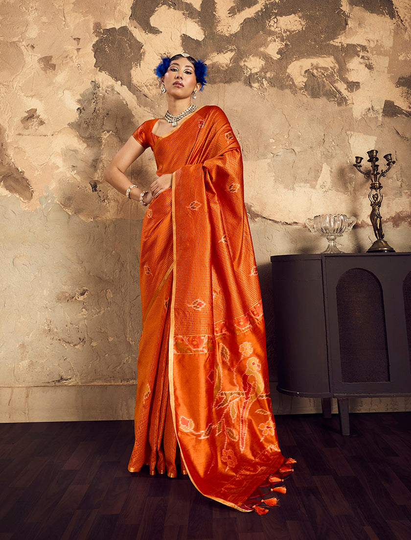 Monjolika Fashion Orange Weaving Silk Blend Saree With Zari Border Design