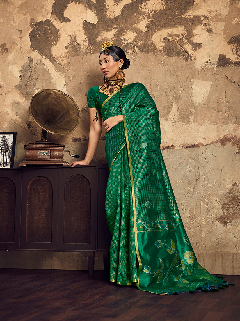 Monjolika Fashion Dark Green Weaving Silk Blend Saree With Zari Border Design