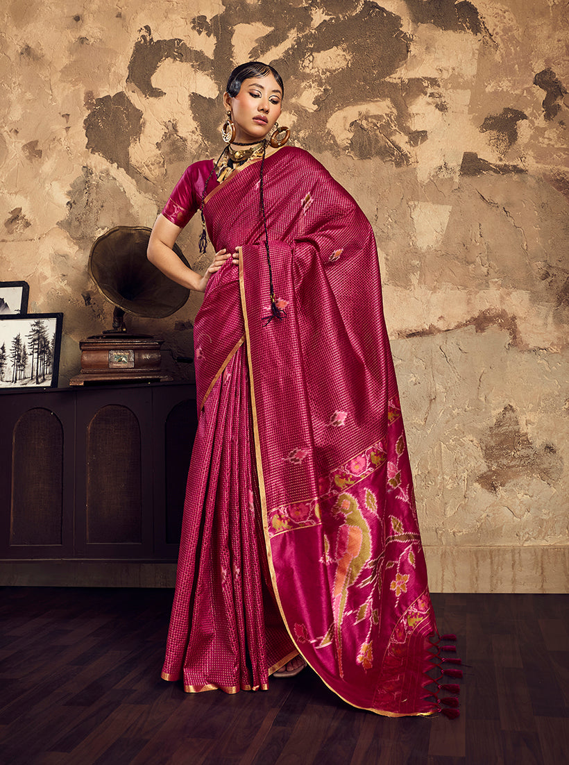 Monjolika Fashion Wine Weaving Silk Blend Saree With Zari Border Design