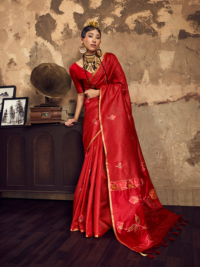 Monjolika Fashion Red Weaving Silk Blend Saree With Zari Border Design