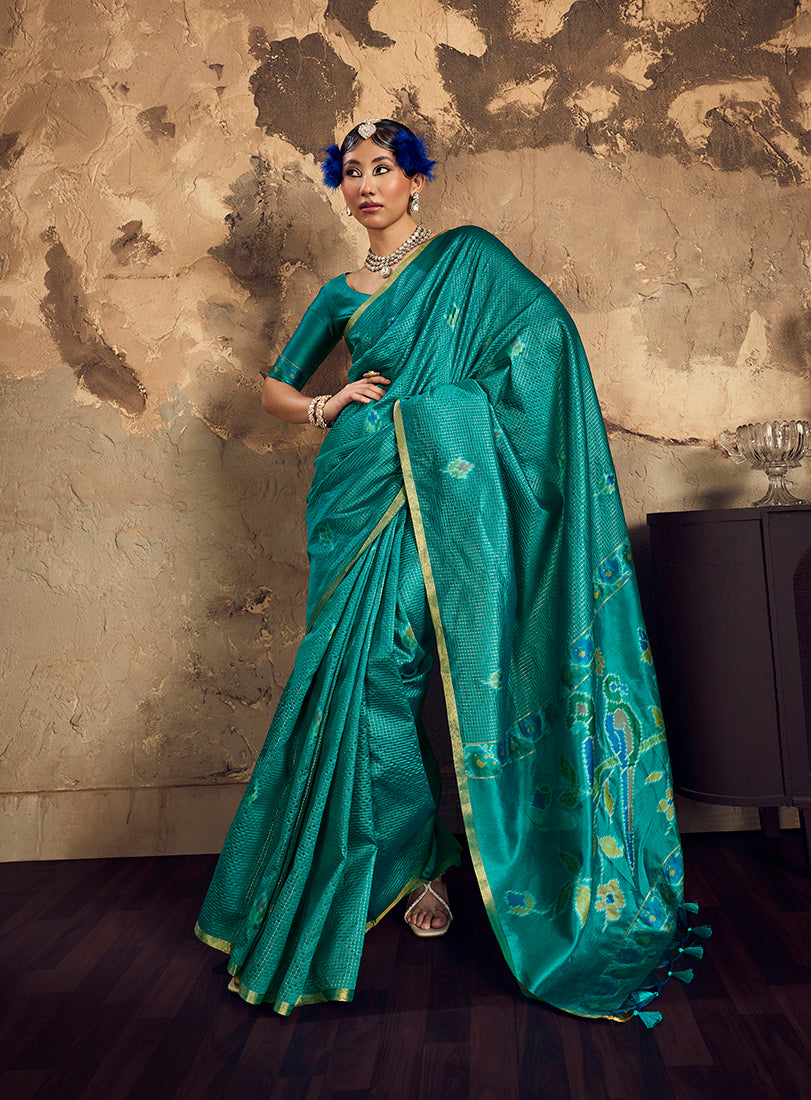 Monjolika Fashion Turquiose Blue Weaving Silk Blend Saree With Zari Border Design