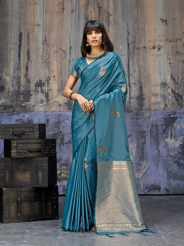 Monjolika Fashion Teal Blue Satin Weaving Silk Blend Saree With Elegant Golden Pallu - Dista