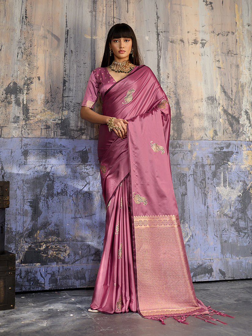 Monjolika Fashion Pink Satin Weaving Silk Blend Saree With Elegant Golden Pallu - Dista