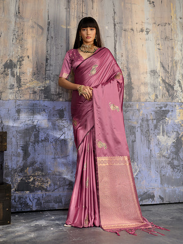 Monjolika Fashion Pink Satin Weaving Silk Blend Saree With Elegant Golden Pallu - Dista