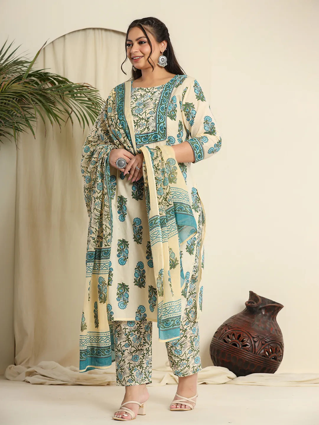 Yufta Cream Pure Cotton Kurta Set With Pant & Dupatta - Distacart