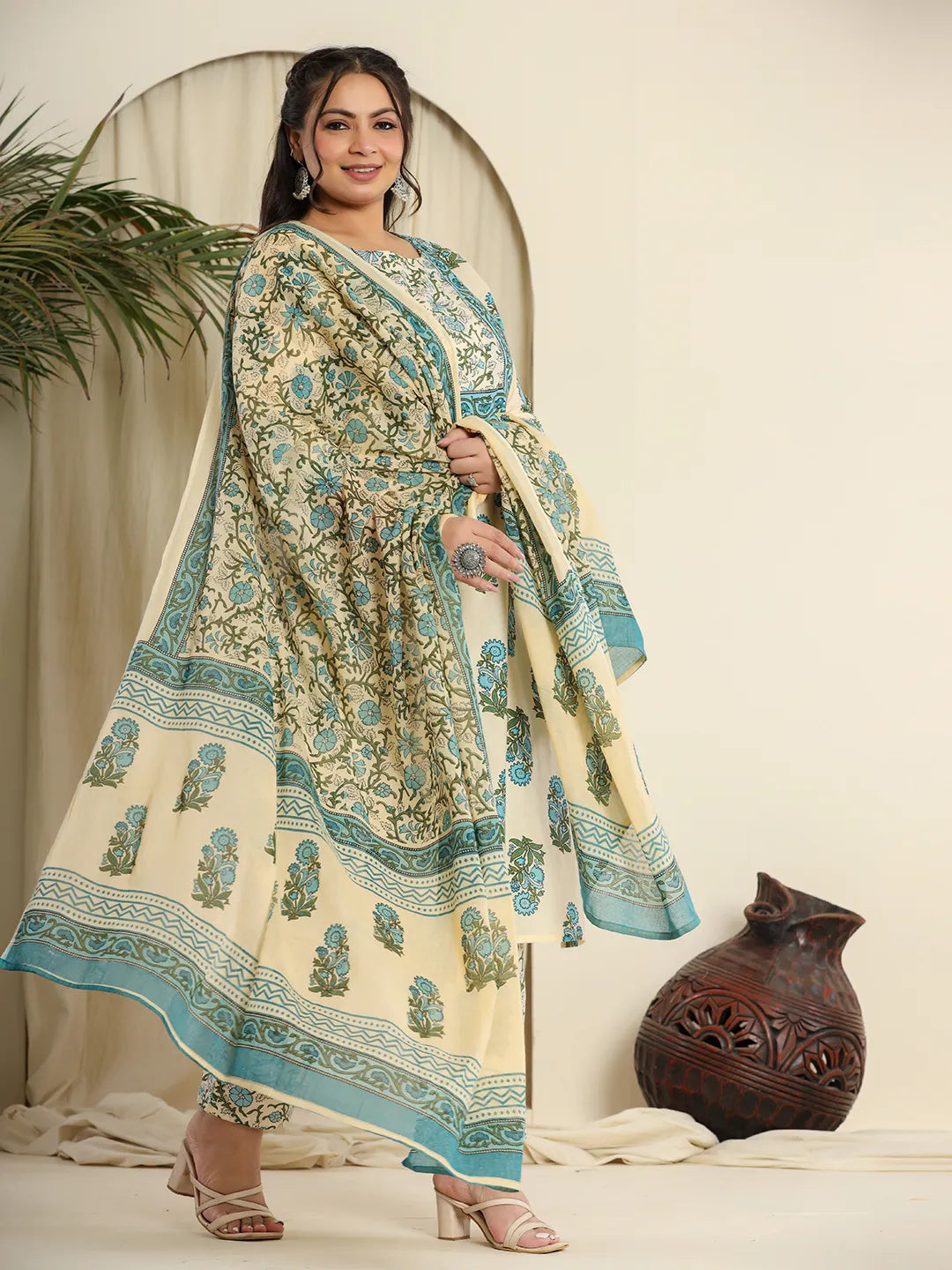 Yufta Cream Pure Cotton Kurta Set With Pant & Dupatta - Distacart