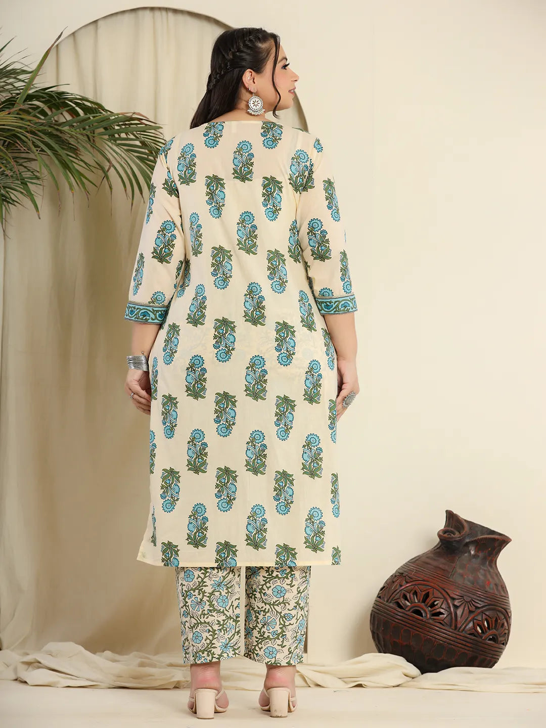 Yufta Cream Pure Cotton Kurta Set With Pant & Dupatta