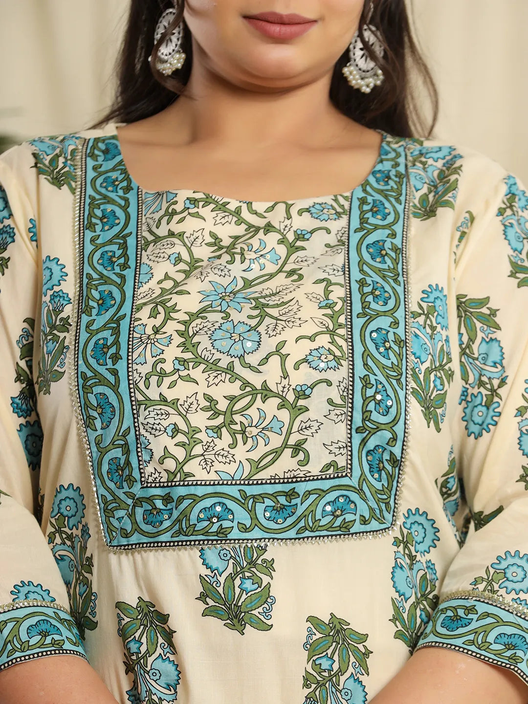 Yufta Cream Pure Cotton Kurta Set With Pant & Dupatta