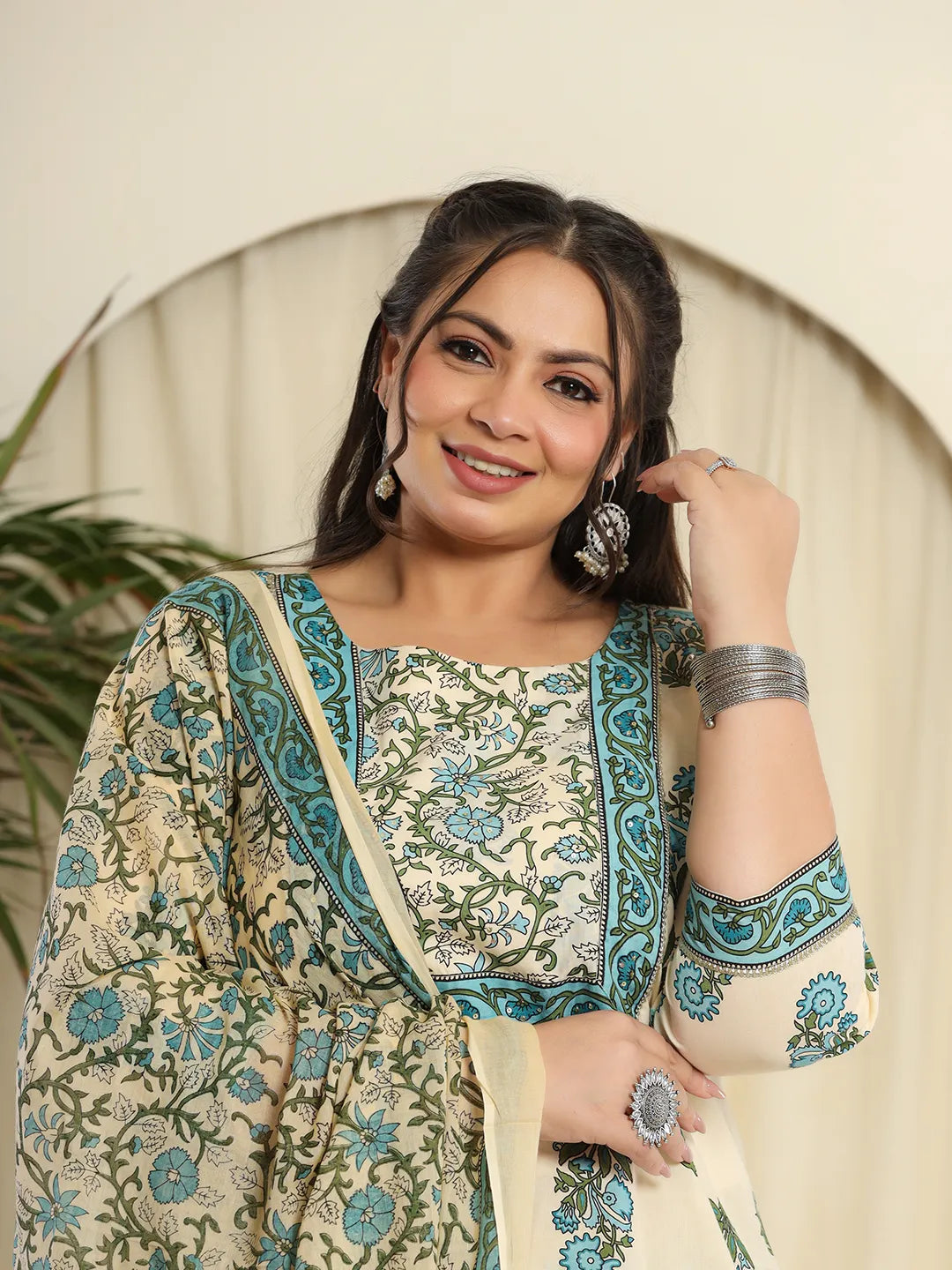 Yufta Cream Pure Cotton Kurta Set With Pant & Dupatta