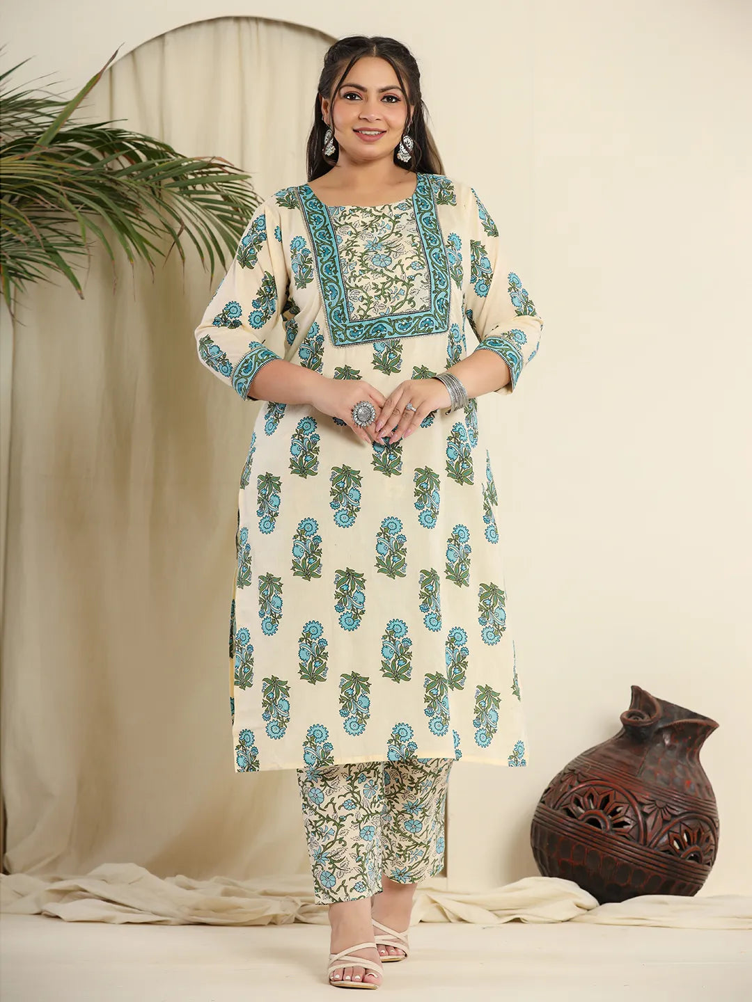 Yufta Cream Pure Cotton Kurta Set With Pant & Dupatta