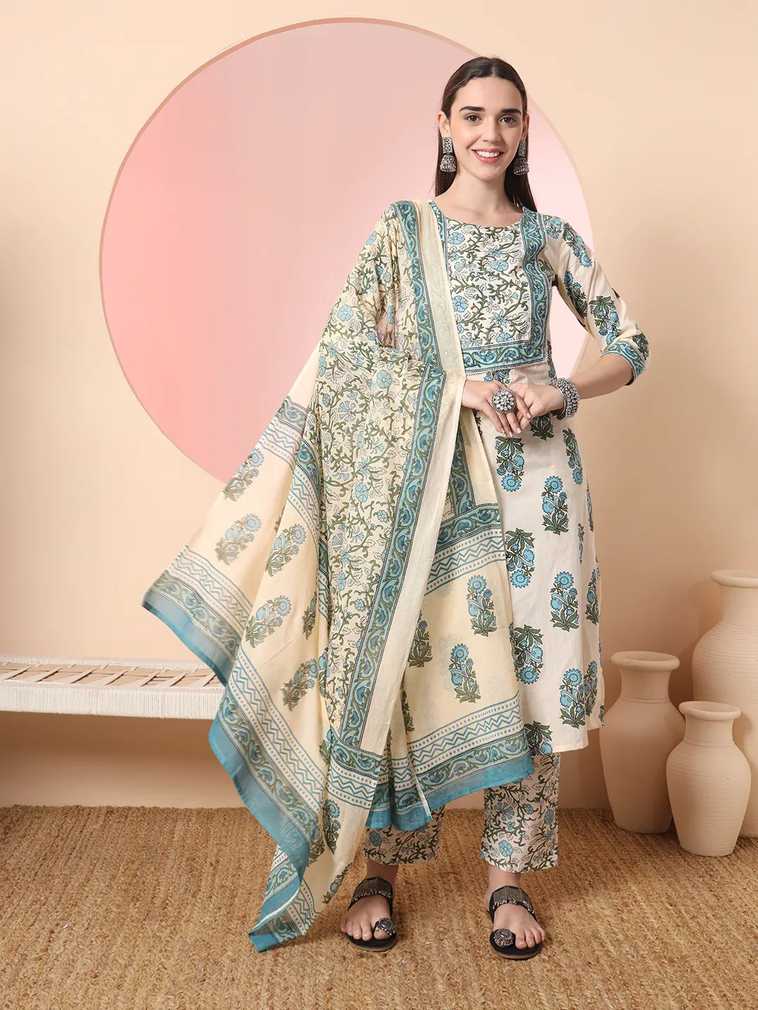 Yufta Cream Pure Cotton Block Print,Sequins_Work Kurta Set With Pant & Dupatta - Distacart