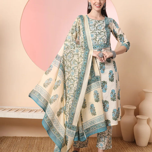 Yufta Cream Pure Cotton Block Print,Sequins_Work Kurta Set With Pant & Dupatta - Distacart