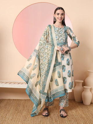 Yufta Cream Pure Cotton Block Print,Sequins_Work Kurta Set With Pant & Dupatta