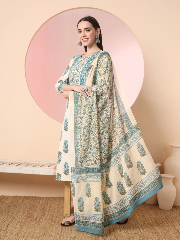 Yufta Cream Pure Cotton Block Print,Sequins_Work Kurta Set With Pant & Dupatta