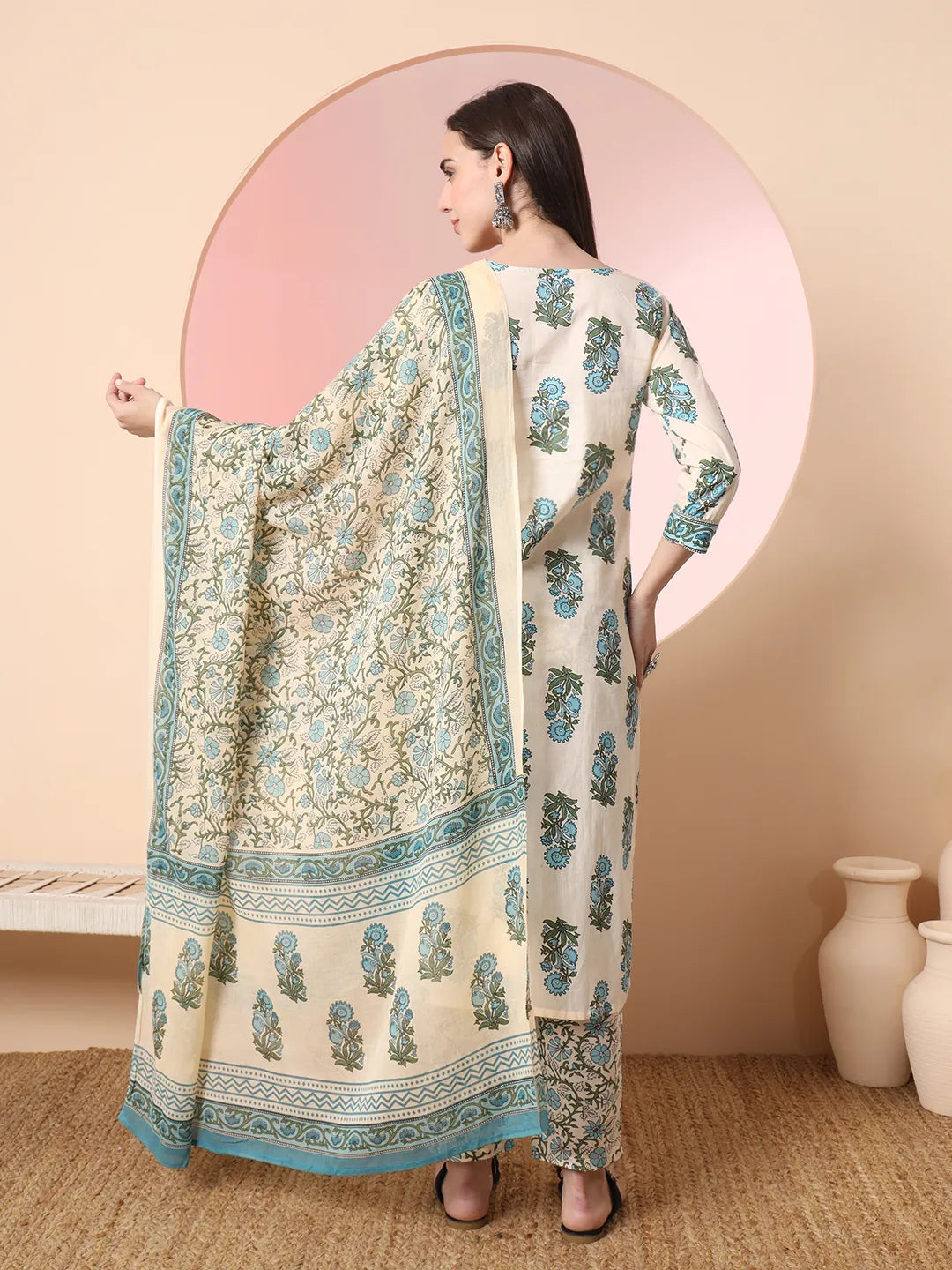 Yufta Cream Pure Cotton Block Print,Sequins_Work Kurta Set With Pant & Dupatta