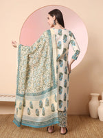 Thumbnail for Yufta Cream Pure Cotton Block Print,Sequins_Work Kurta Set With Pant & Dupatta