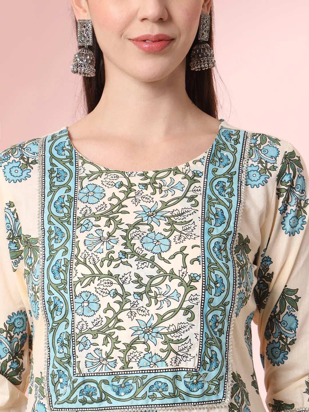 Yufta Cream Pure Cotton Block Print,Sequins_Work Kurta Set With Pant & Dupatta