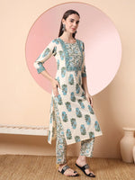 Thumbnail for Yufta Cream Pure Cotton Block Print,Sequins_Work Kurta Set With Pant & Dupatta