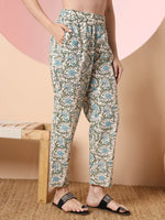 Thumbnail for Yufta Cream Pure Cotton Block Print,Sequins_Work Kurta Set With Pant & Dupatta