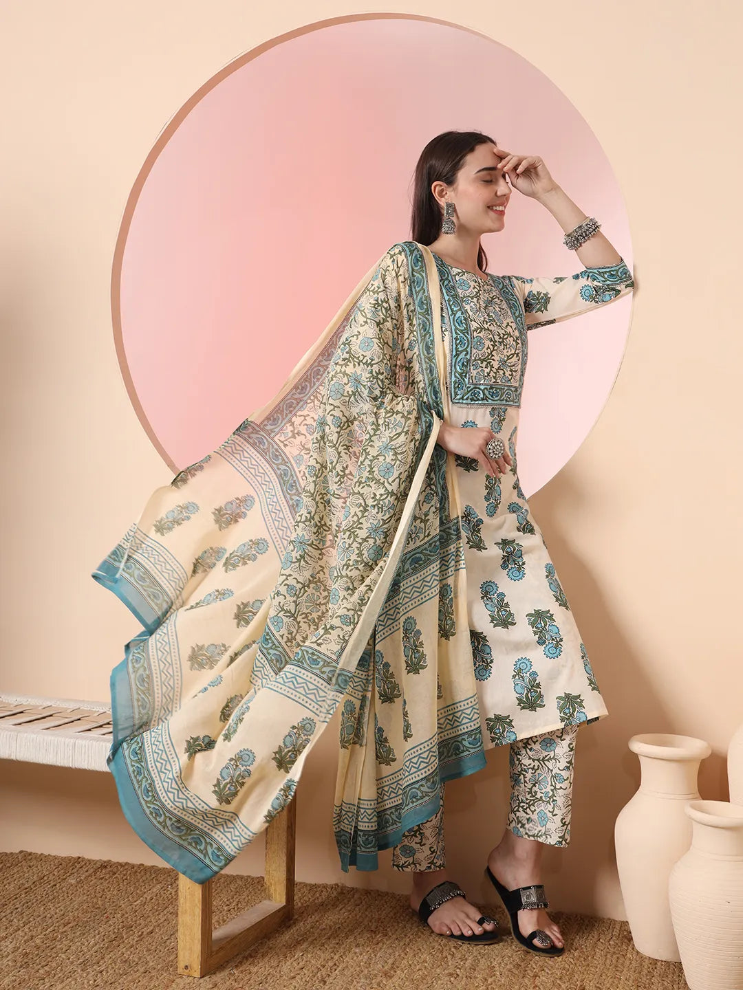 Yufta Cream Pure Cotton Block Print,Sequins_Work Kurta Set With Pant & Dupatta