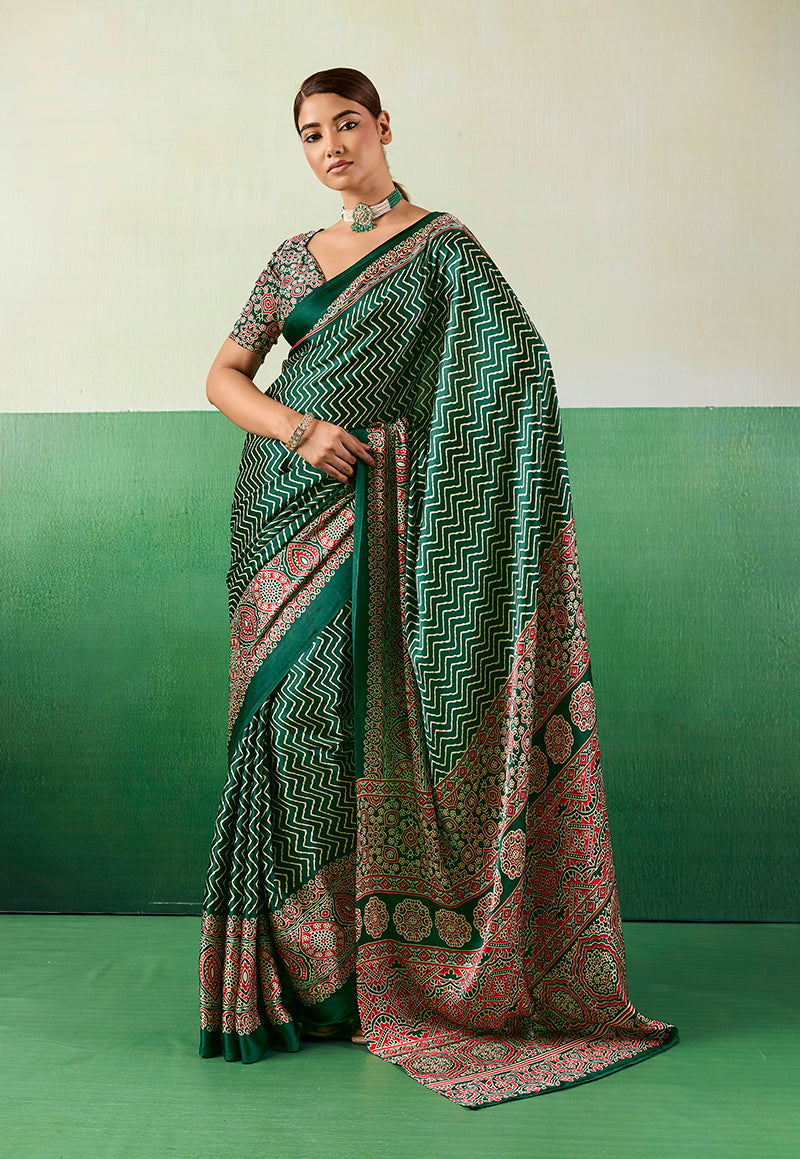 Monjolika Fashion Ajrakh Green Faux Satin Printed Saree