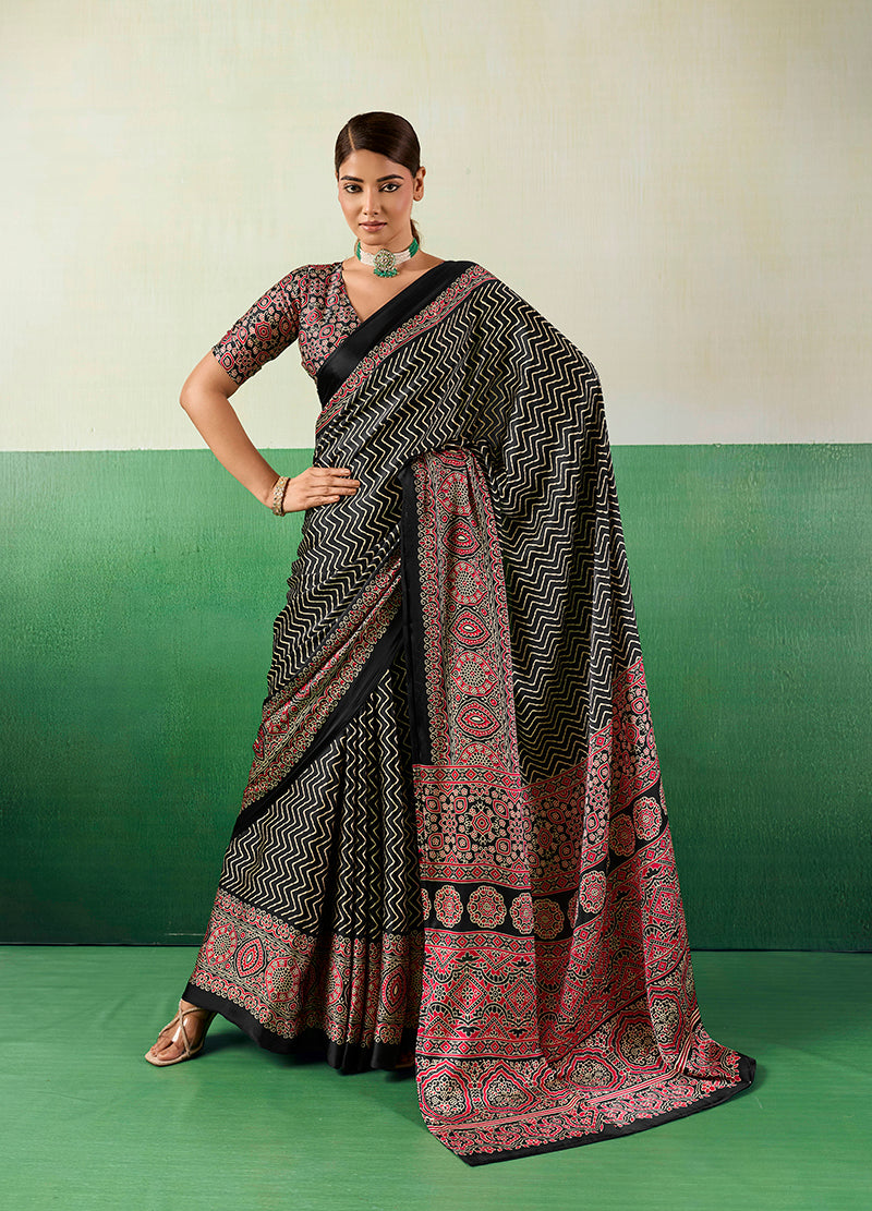 Monjolika Fashion Ajrakh Black Faux Satin Printed Saree